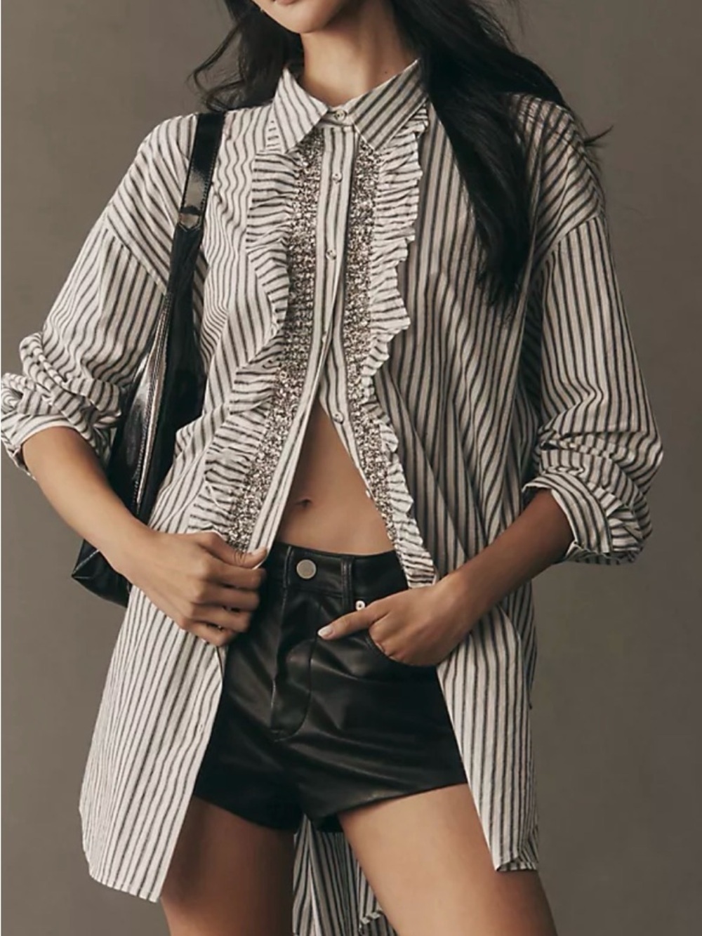 Anthropologie Preppy Crystal-Embellished Relaxed Buttondown Tunic Office Classic